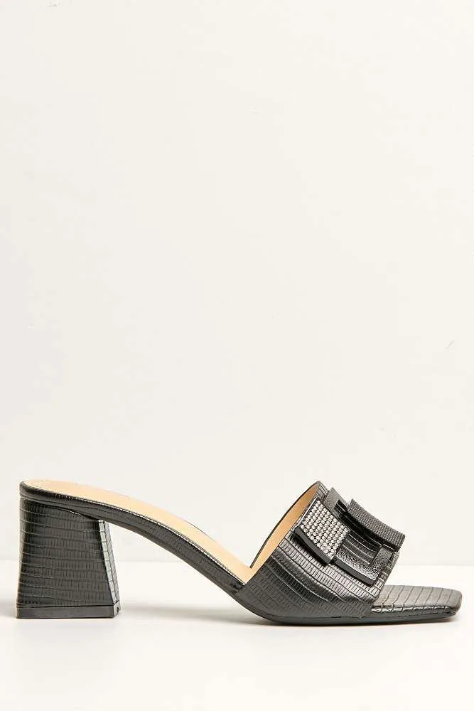 Audrey Brooch Detail Block Heel Mules in Black