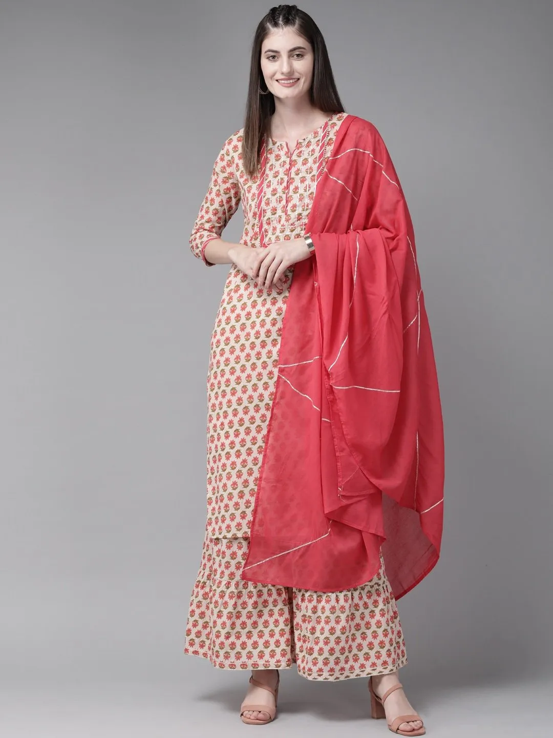 Beige And Peach Kurta With Sharara And Dupatta