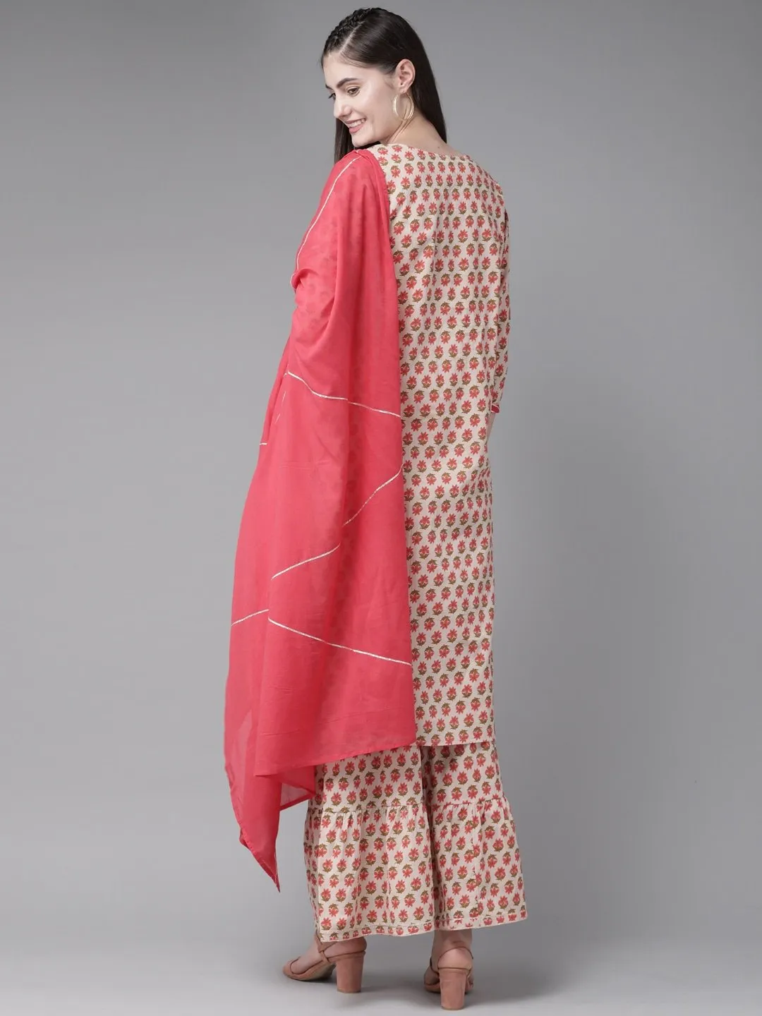 Beige And Peach Kurta With Sharara And Dupatta
