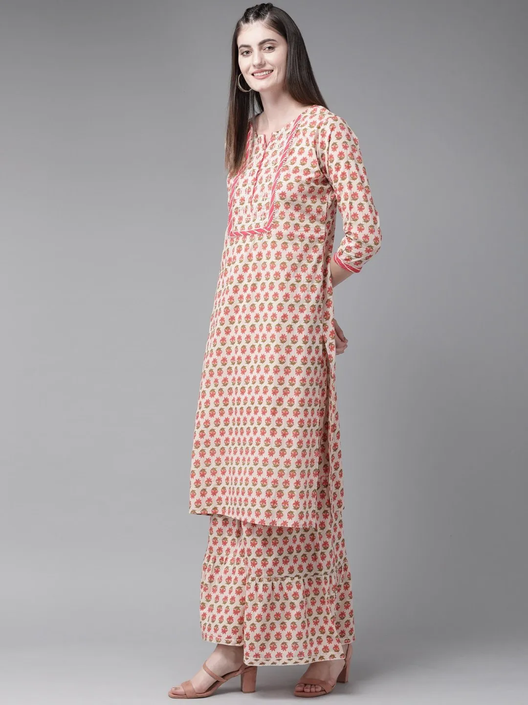 Beige And Peach Kurta With Sharara And Dupatta