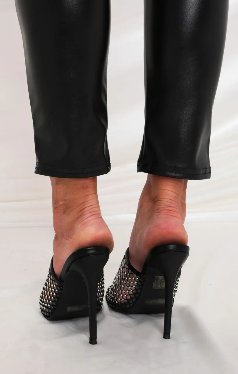 Black Diamante Perspex Strap Mules - Britney
