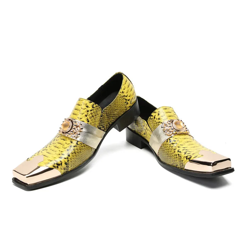 British retro square-toe loafers for men, bright thick-soled slip-on beans for men, cowhide printed casual business leather shoes