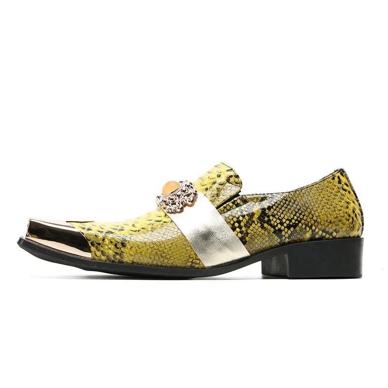 British retro square-toe loafers for men, bright thick-soled slip-on beans for men, cowhide printed casual business leather shoes