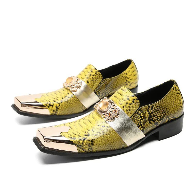 British retro square-toe loafers for men, bright thick-soled slip-on beans for men, cowhide printed casual business leather shoes