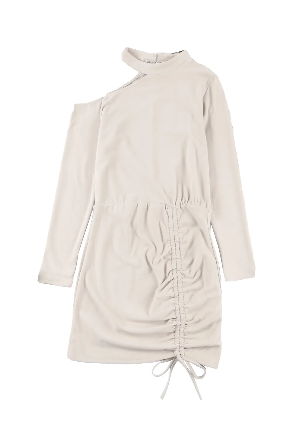 Brown Cut-out Shoulder Drawstring Long Sleeve Knit Dress