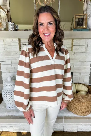 Collared Notch Neck Striped Puff Sleeve Top in Taupe