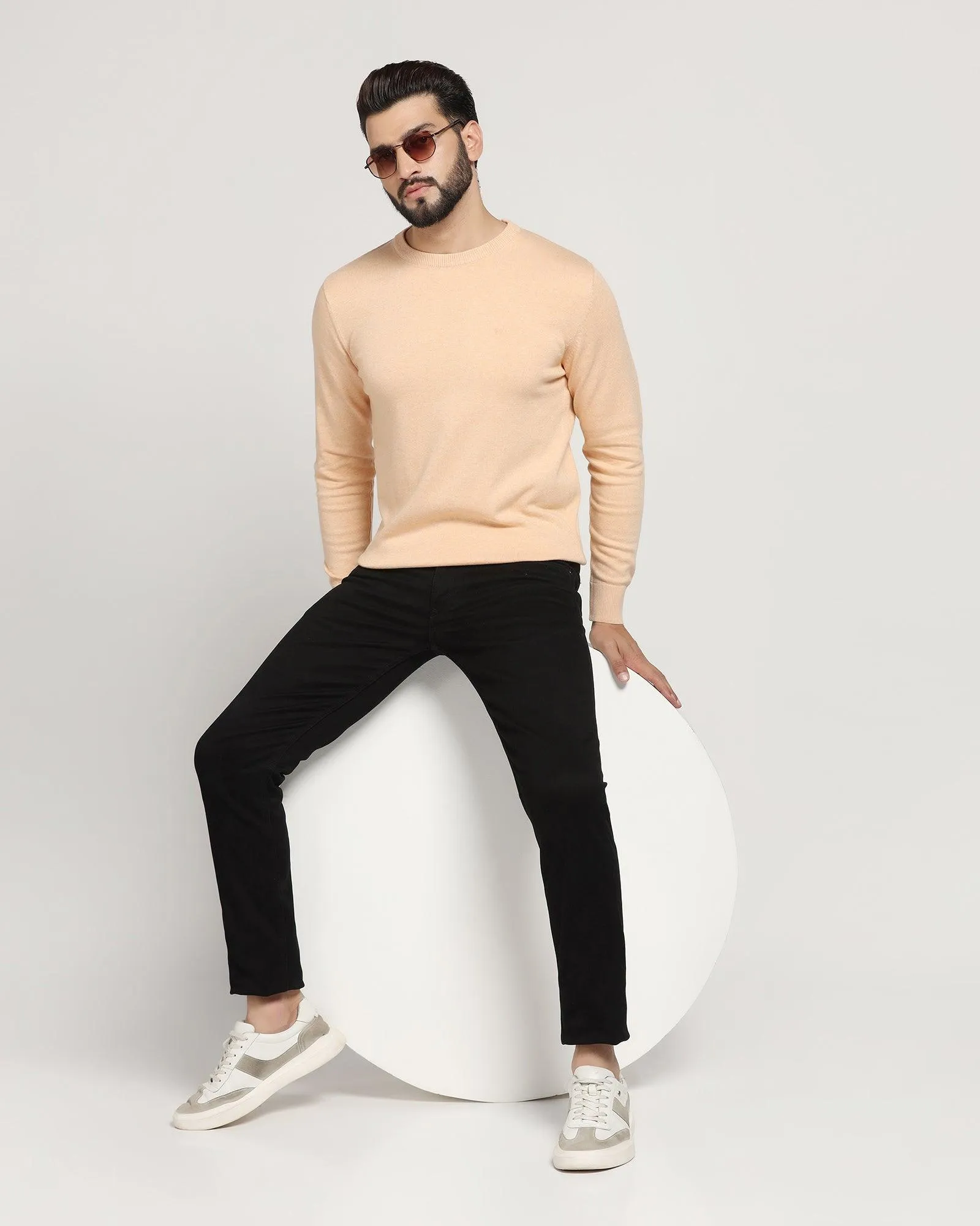 Crew Neck Cream Solid Sweater - Jolly