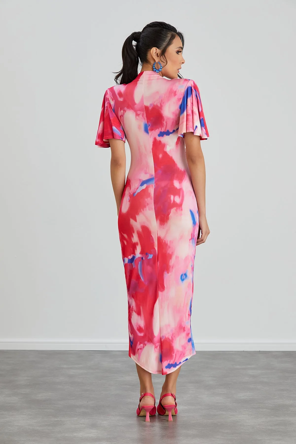 Ethereal Angel Sleeve Wrap Dress in Insomnia Pink Print