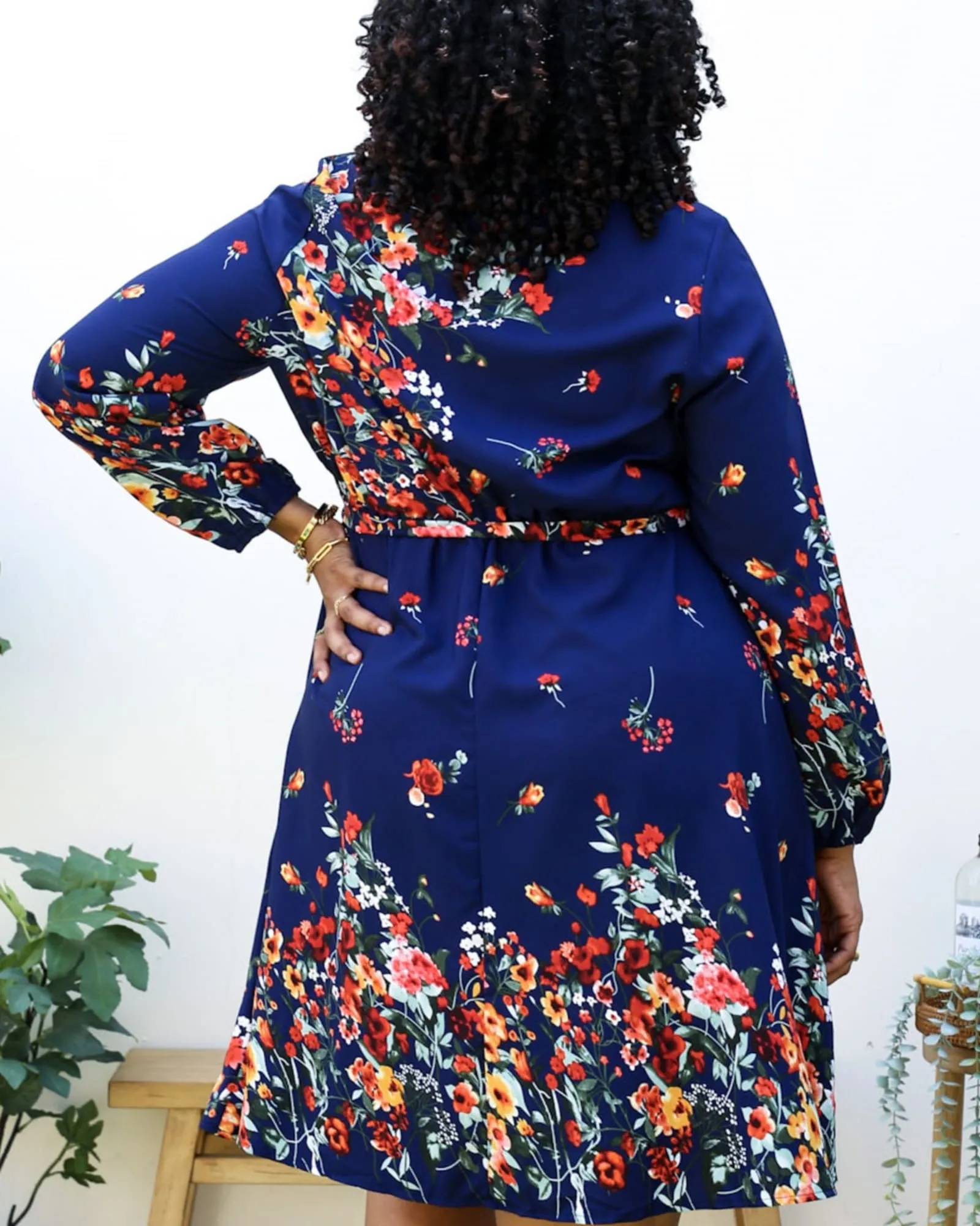 Floral Mix Print Tied Belt Waist Navy Midi Dress | Navy