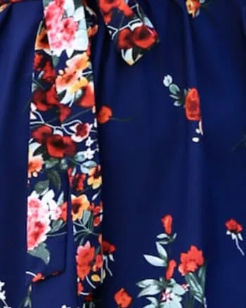 Floral Mix Print Tied Belt Waist Navy Midi Dress | Navy