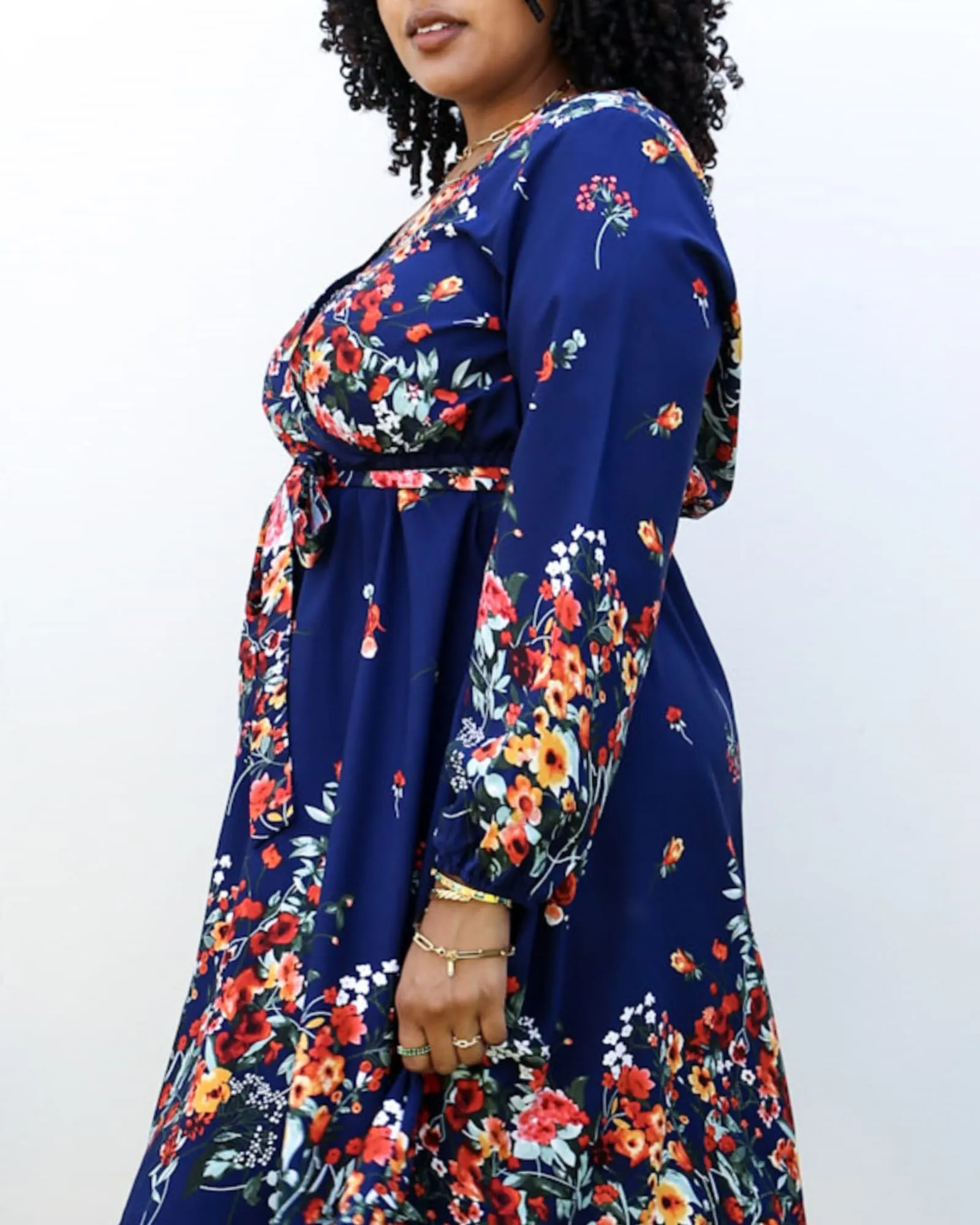 Floral Mix Print Tied Belt Waist Navy Midi Dress | Navy