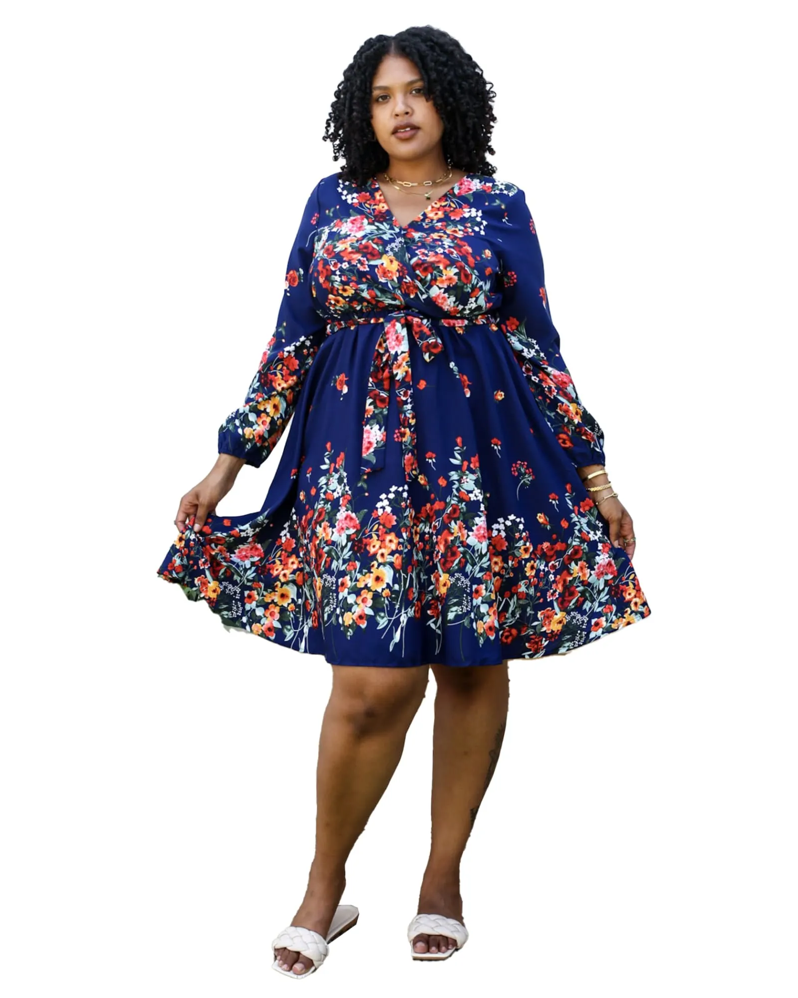 Floral Mix Print Tied Belt Waist Navy Midi Dress | Navy