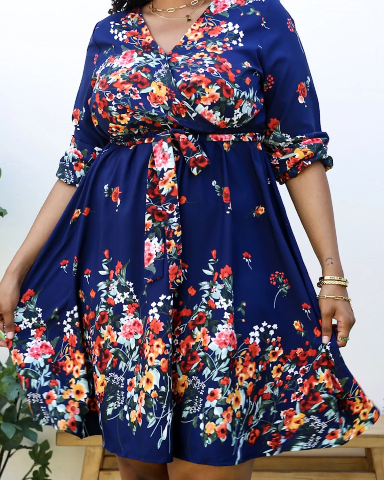 Floral Mix Print Tied Belt Waist Navy Midi Dress | Navy