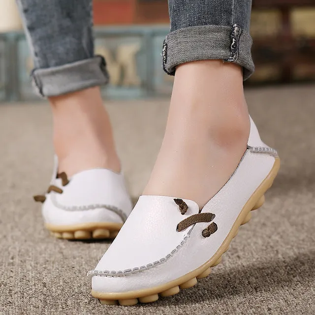 Genuine Leather Women Shoes  Fashion Lace up Casual Flat Shoes Peas Non-Slip Outdoor Shoes Plus Size 34 -44