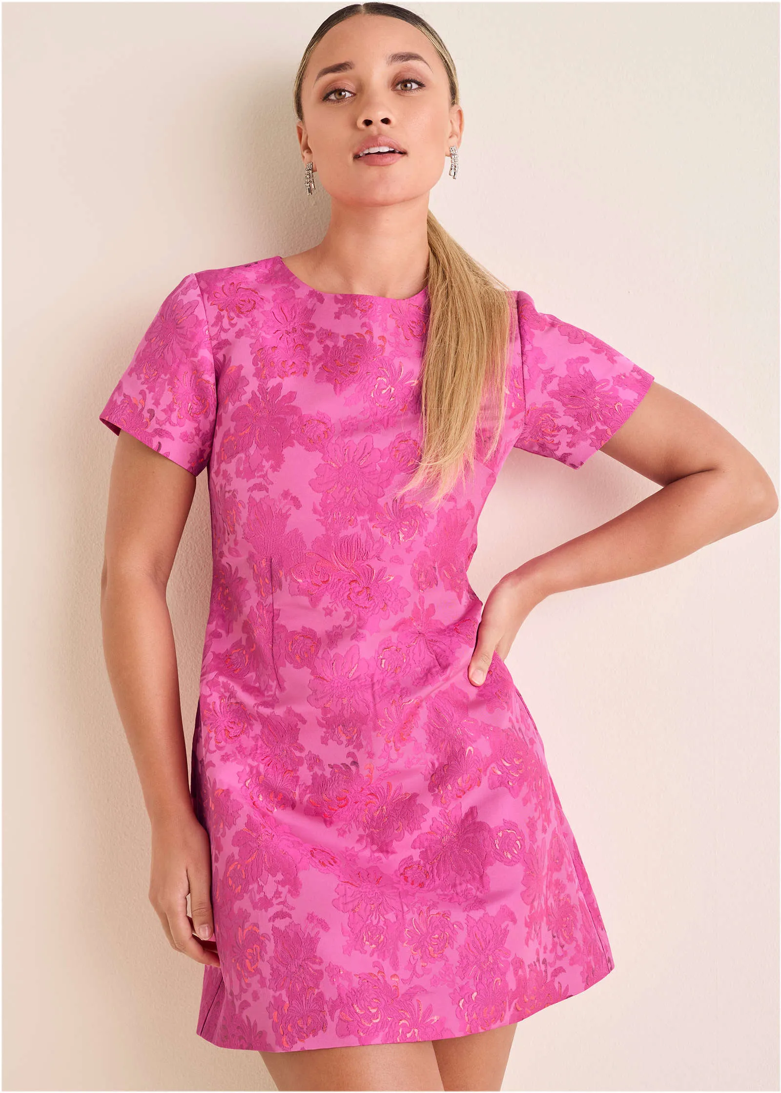 Jacquard A-Line Mini Dress - Pink Metallic