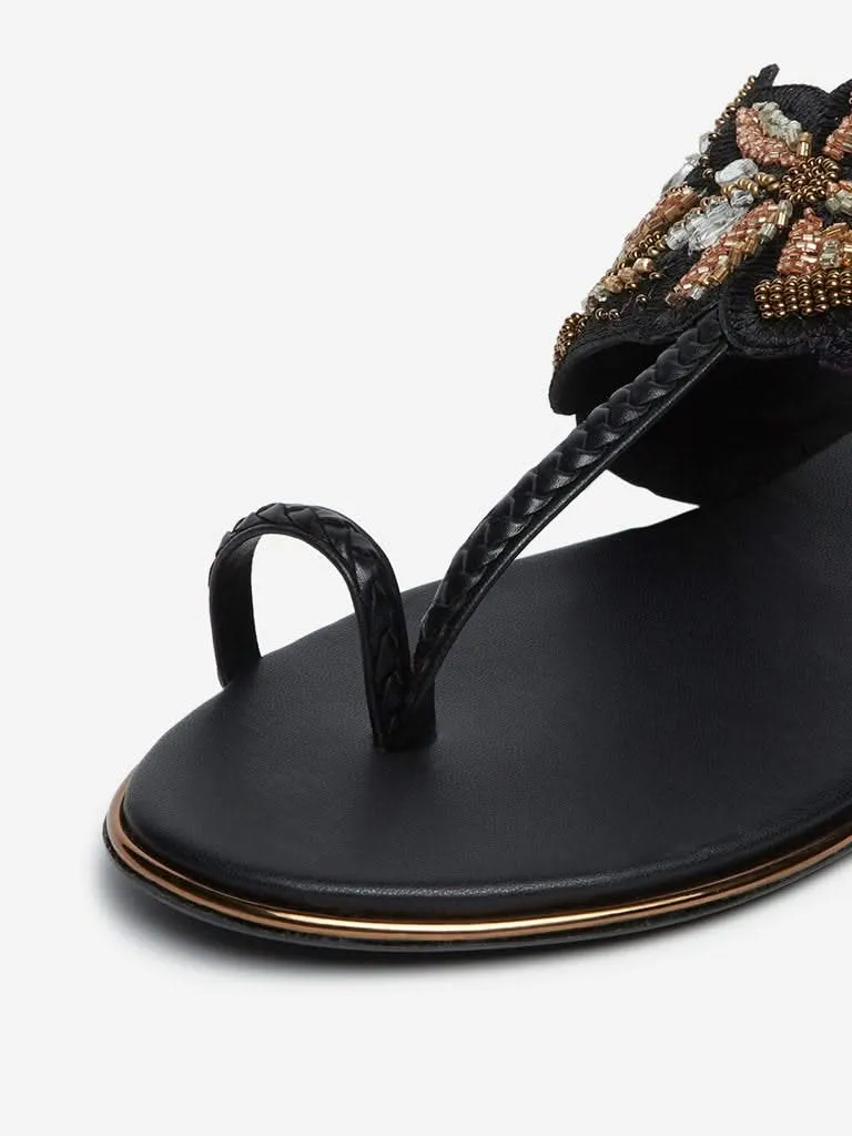 LUNA BLU Black Bead-Detailed Kolhapuri Sandals