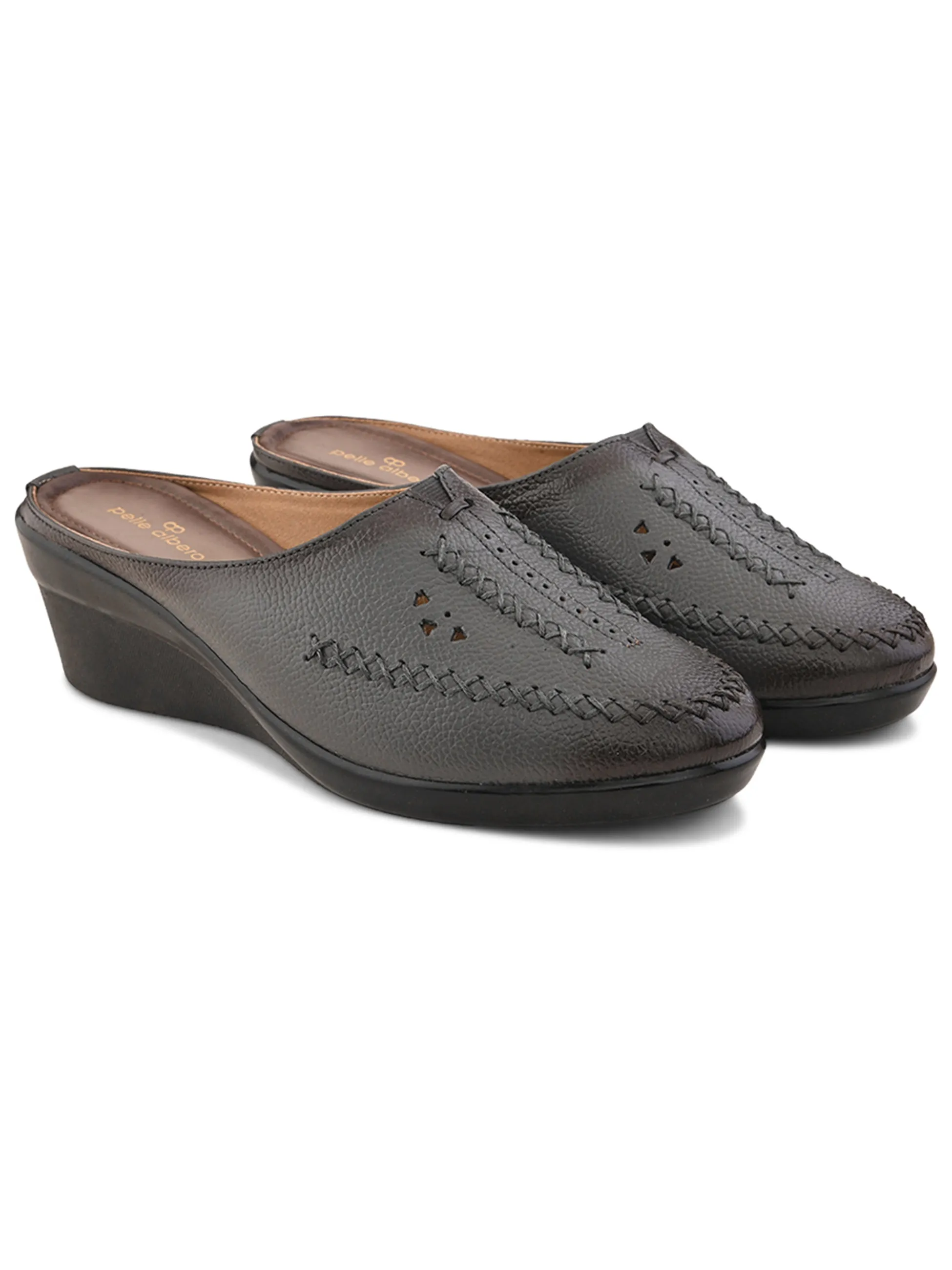 Pelle Albero Female's Grey Leather Wedge Heel Mules