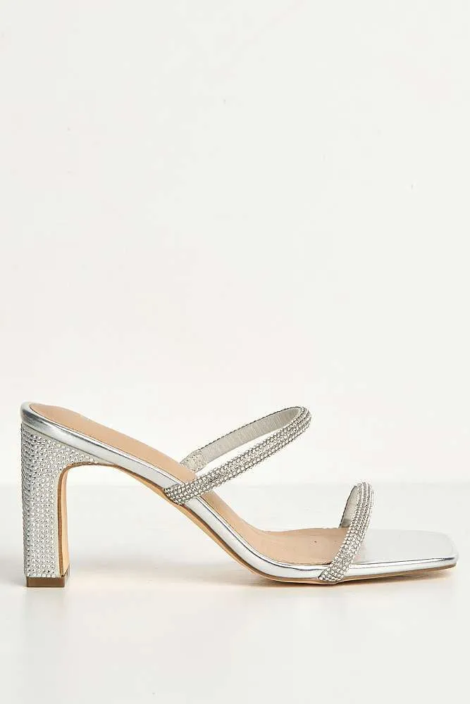 Pia 2 Diamante Strap & Flare Heel Mules in Silver