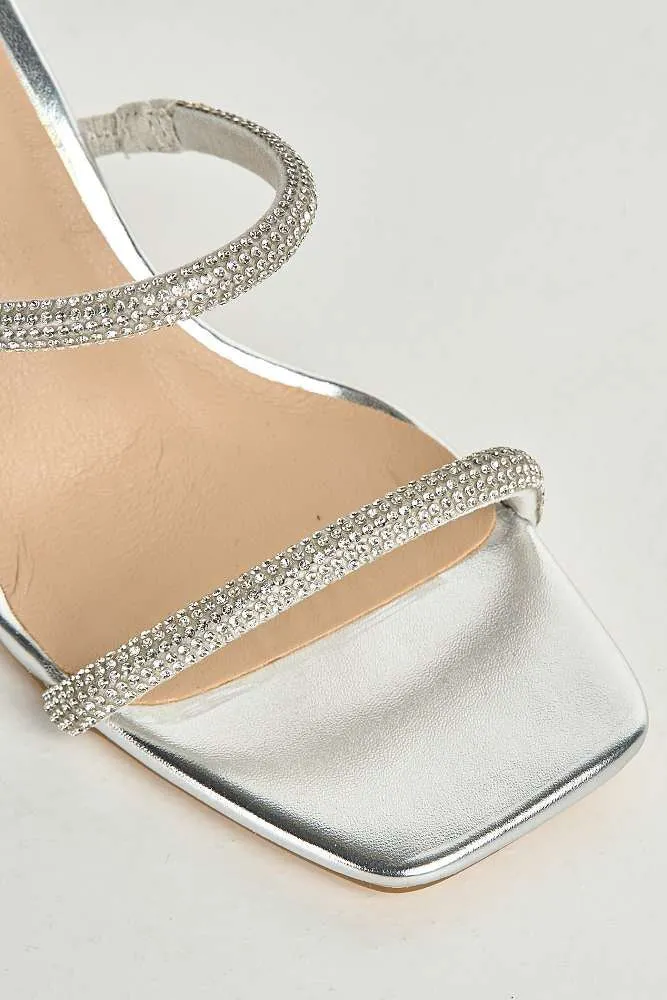 Pia 2 Diamante Strap & Flare Heel Mules in Silver