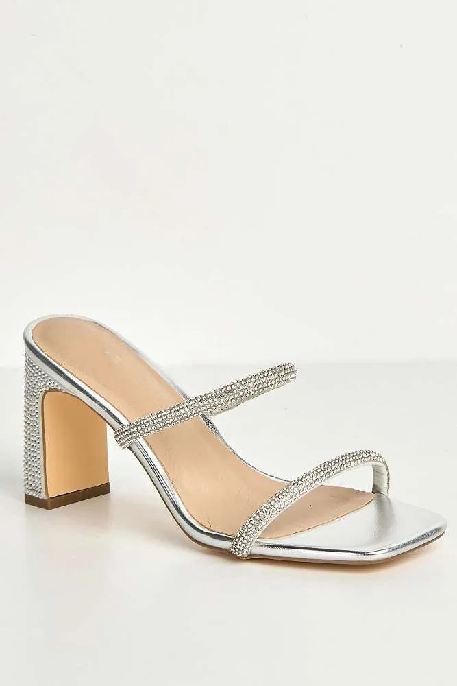 Pia 2 Diamante Strap & Flare Heel Mules in Silver