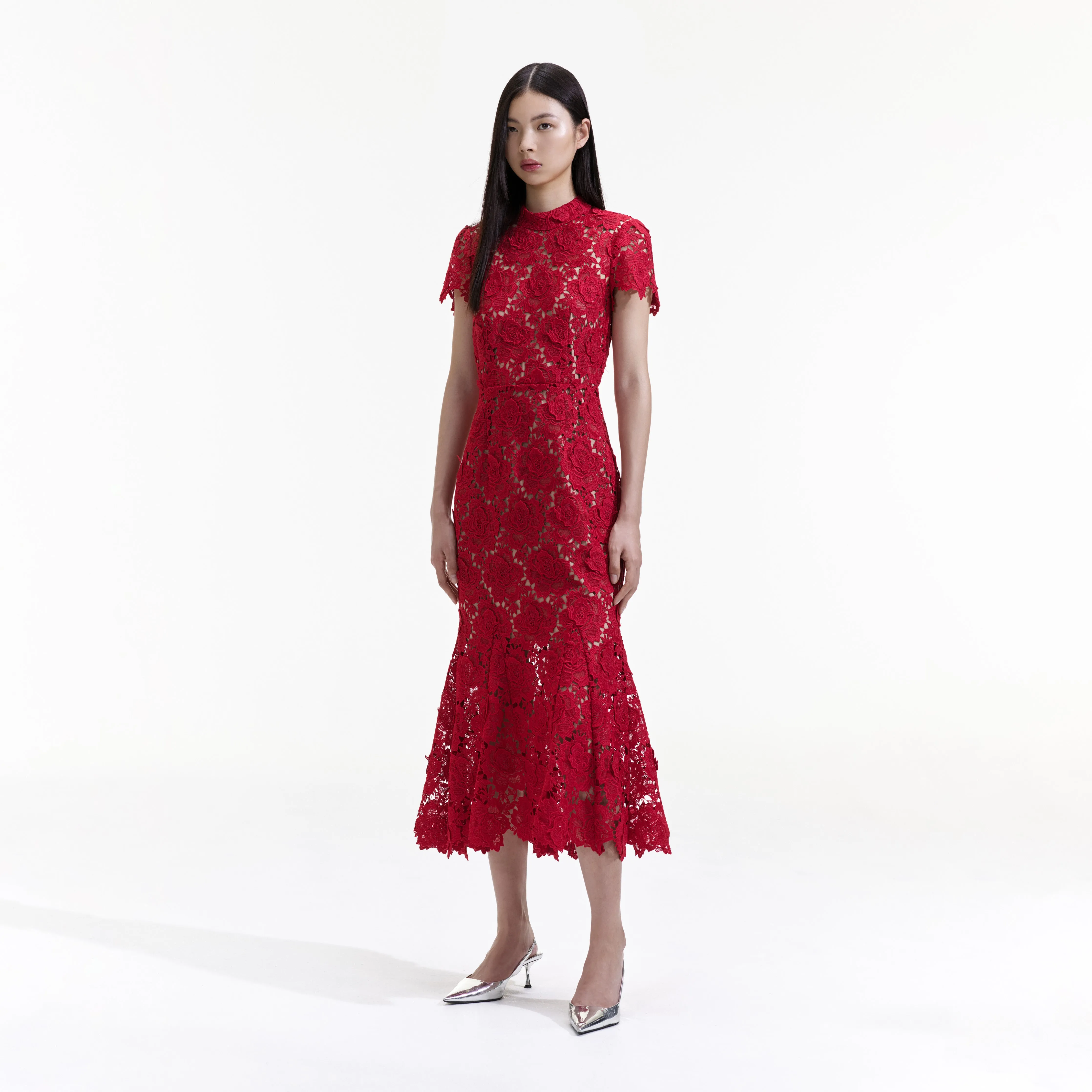 Red Flower Lace Midi Dress