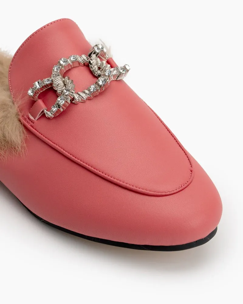 Rhinestone Metal Chain Decor Flat Leather Slip On Backless Mules