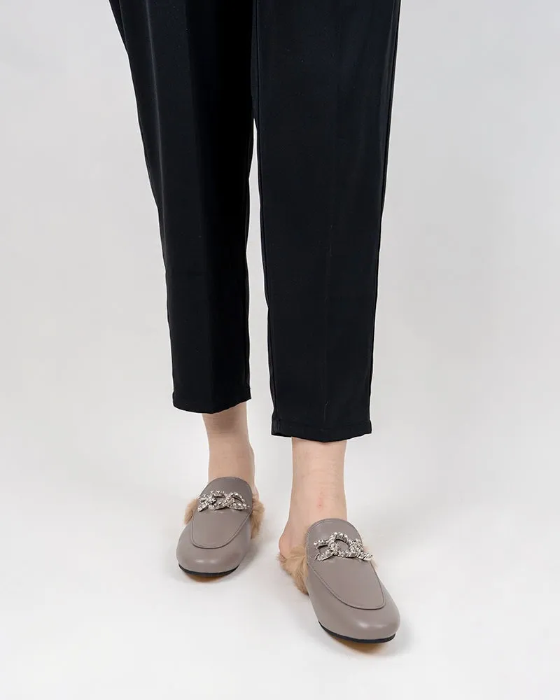 Rhinestone Metal Chain Decor Flat Leather Slip On Backless Mules
