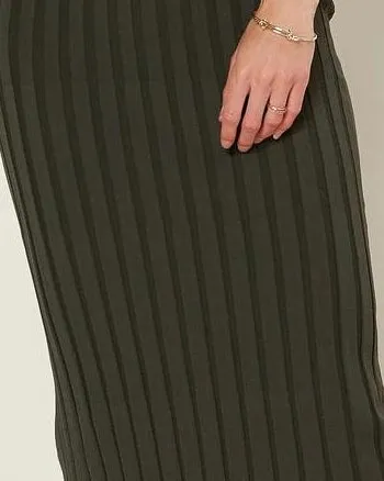 Ribbed V Neck Midi Dress in Moss Green | Moss Green