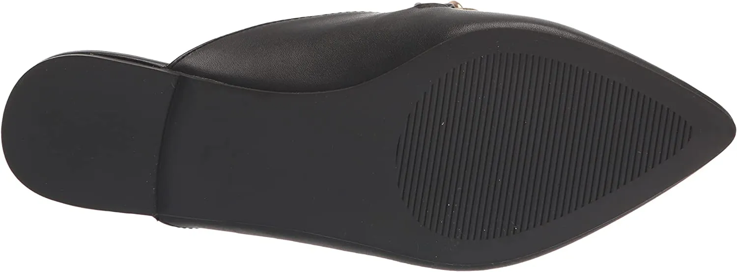 Steve Madden Faine Black Leather Pointed Toe Slip On Chain Detail Flat Mules