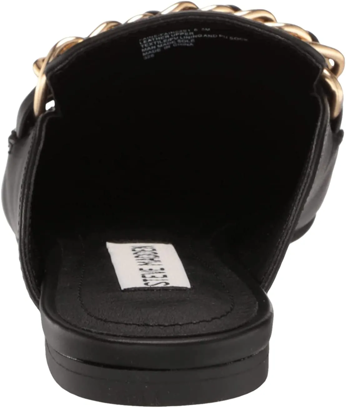 Steve Madden Faine Black Leather Pointed Toe Slip On Chain Detail Flat Mules