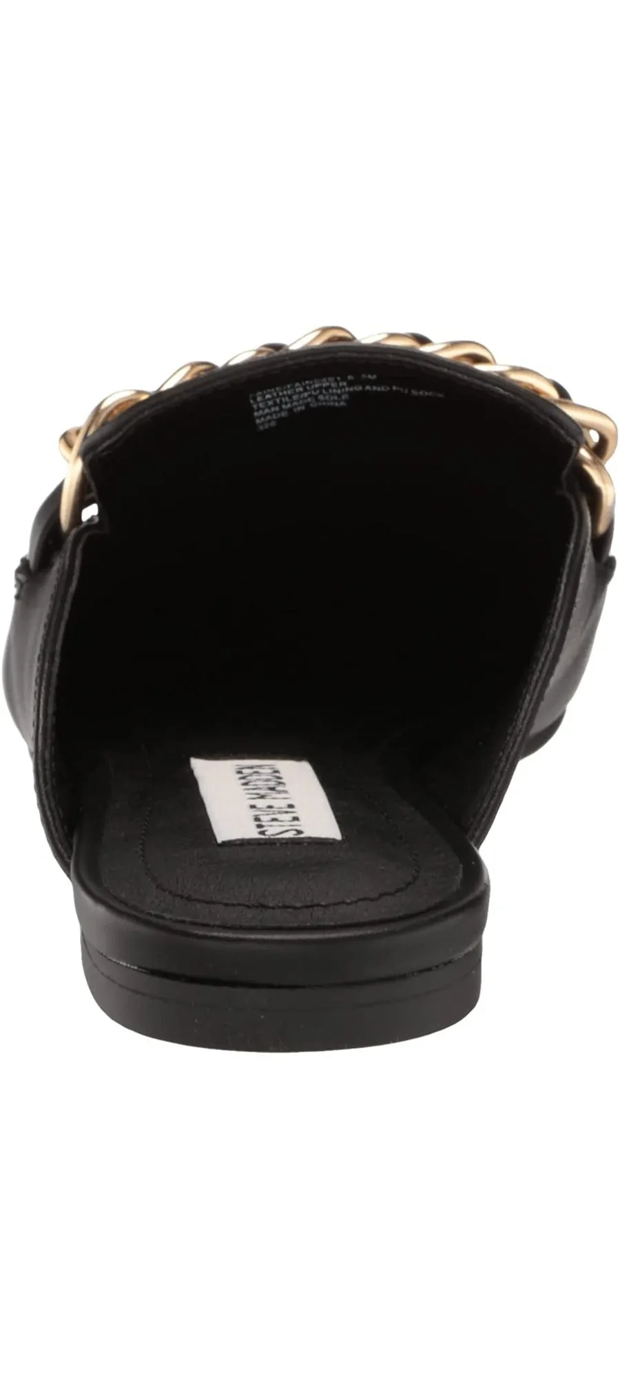 Steve Madden Faine Black Leather Pointed Toe Slip On Chain Detail Flat Mules