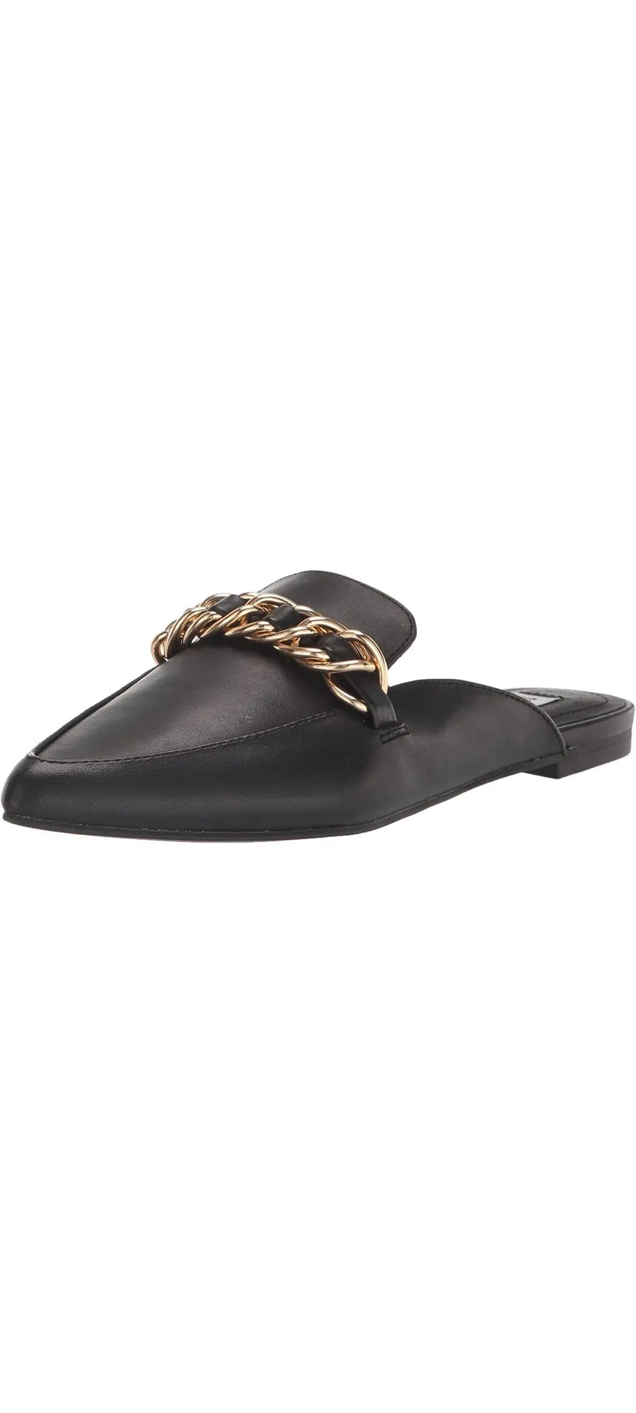 Steve Madden Faine Black Leather Pointed Toe Slip On Chain Detail Flat Mules