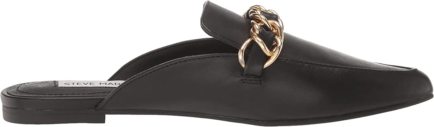 Steve Madden Faine Black Leather Pointed Toe Slip On Chain Detail Flat Mules