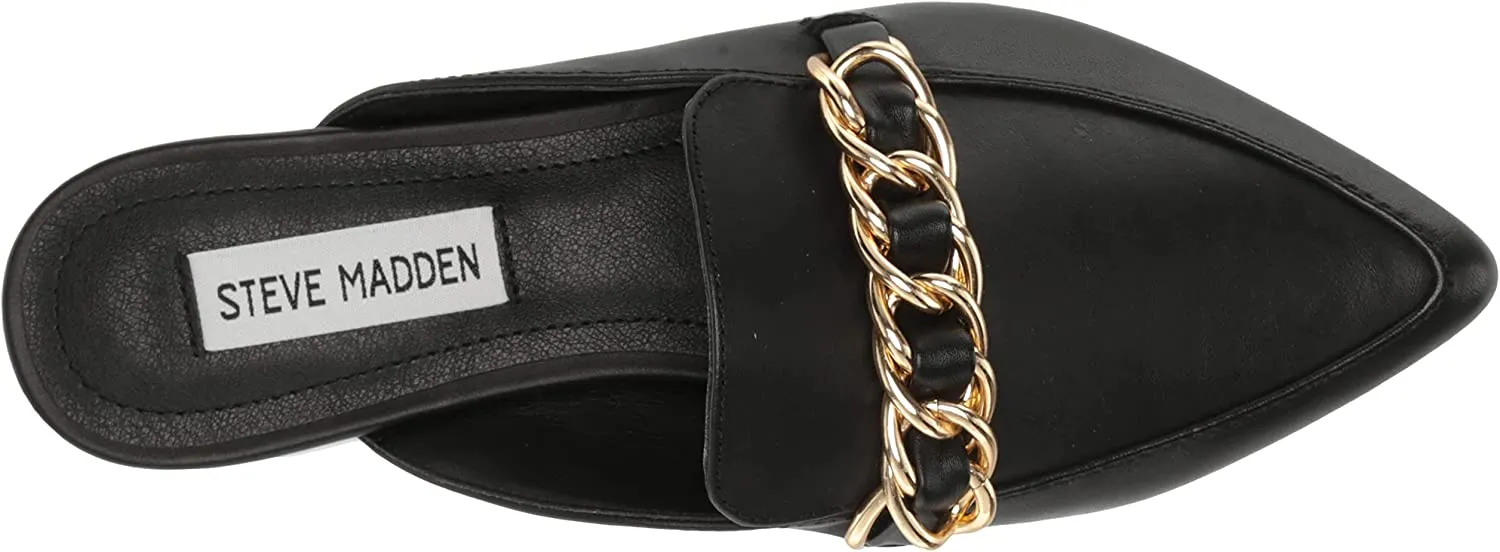 Steve Madden Faine Black Leather Pointed Toe Slip On Chain Detail Flat Mules