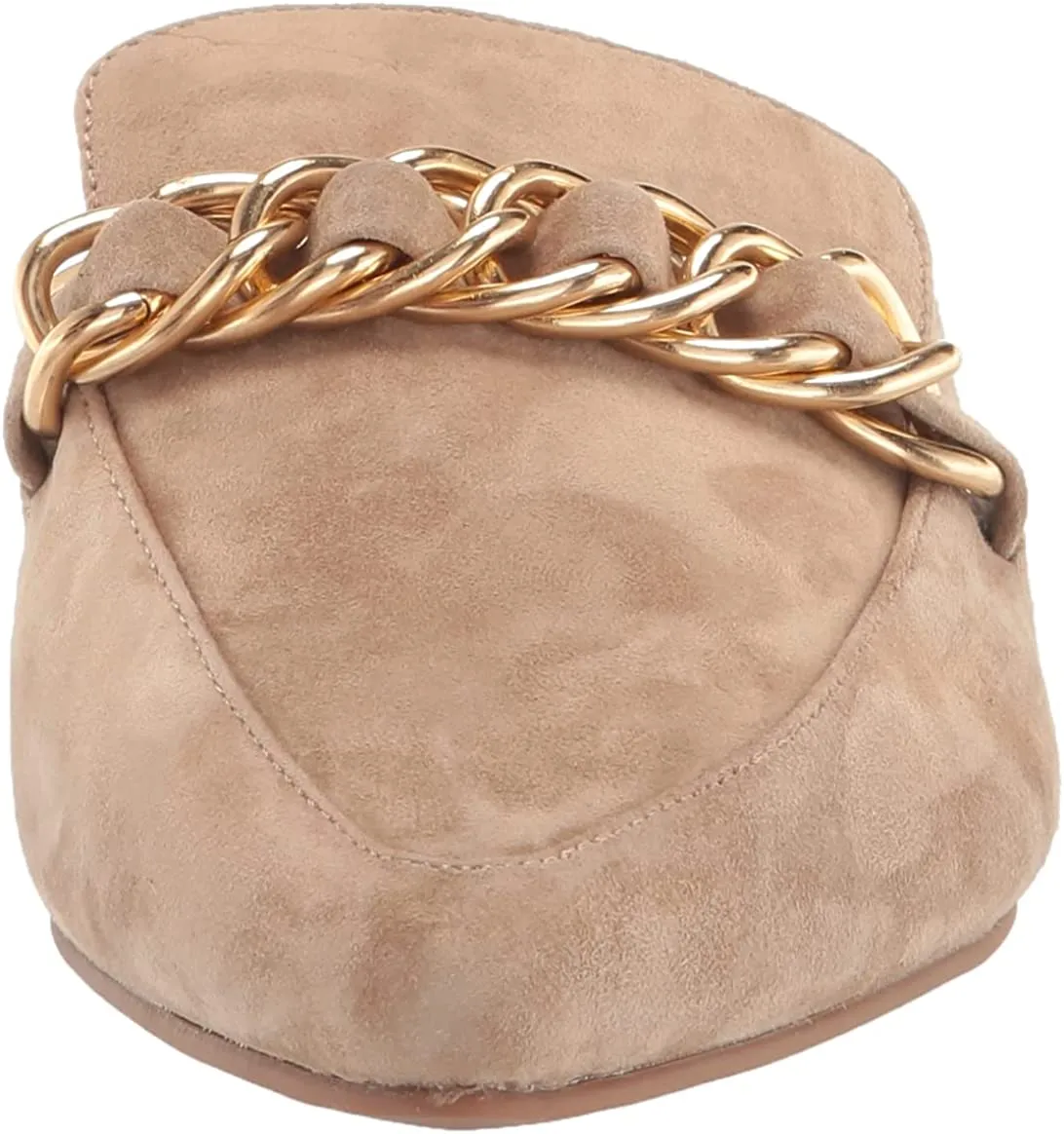 Steve Madden Faine Tan Suede Pointed Toe Slip On Chain Detail Flat Fashion Mules