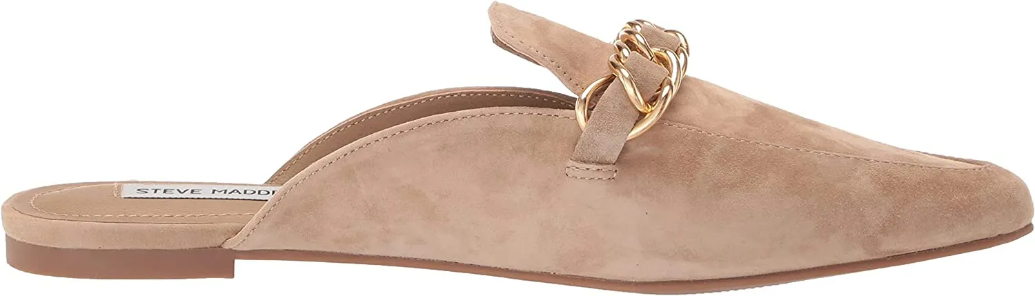 Steve Madden Faine Tan Suede Pointed Toe Slip On Chain Detail Flat Fashion Mules