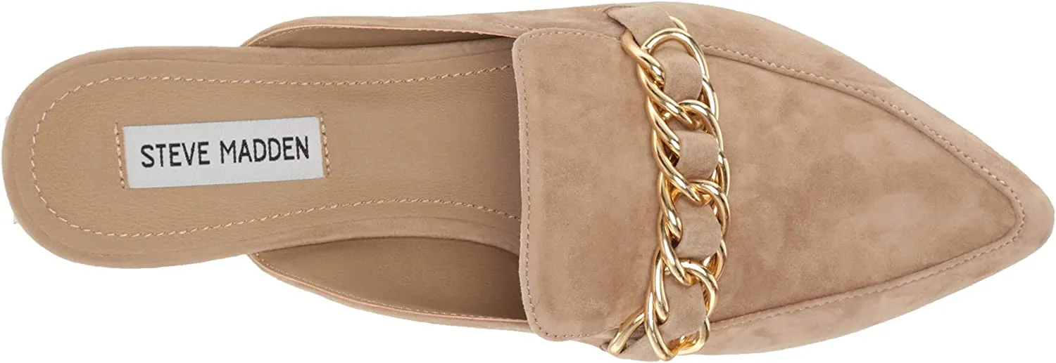 Steve Madden Faine Tan Suede Pointed Toe Slip On Chain Detail Flat Fashion Mules