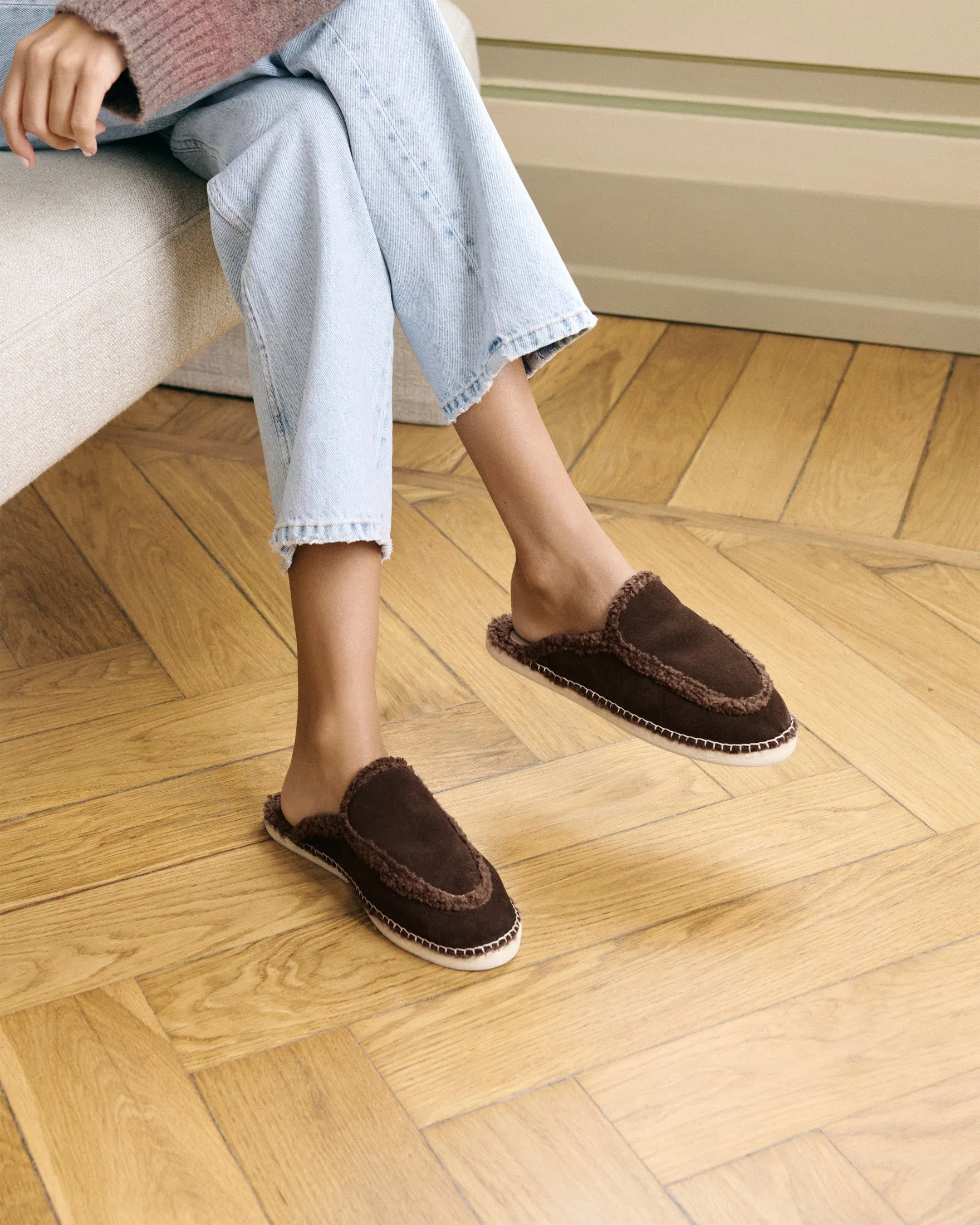 Suede Mules With Faux Fur - R57ME - Cortina Cocoa