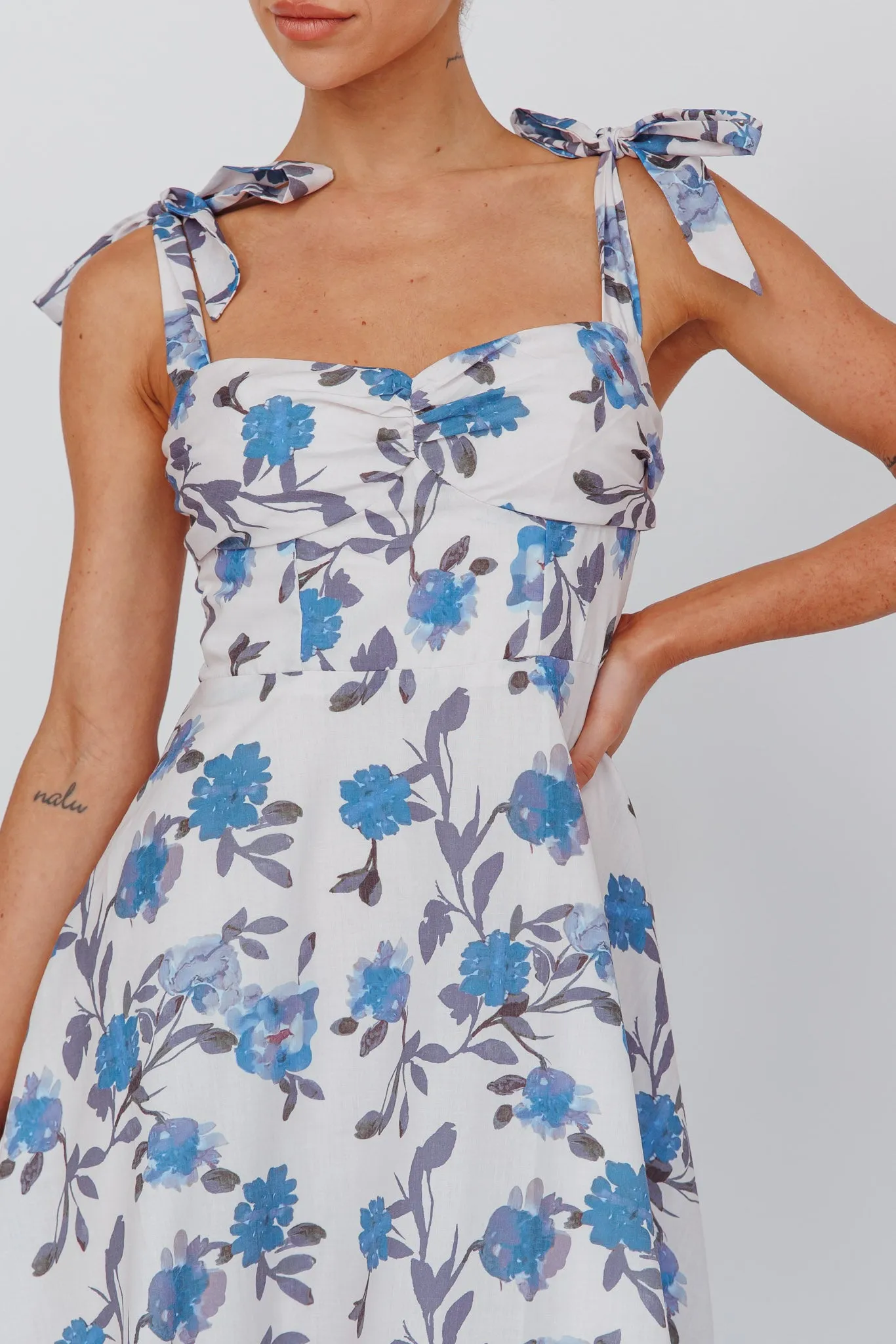 Sweet Pea Tied Bust Midi Dress Flower Blue