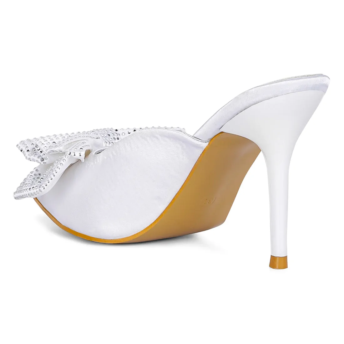 White Diamante Bow Heeled Mules