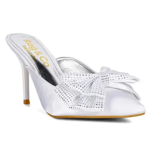 White Diamante Bow Heeled Mules