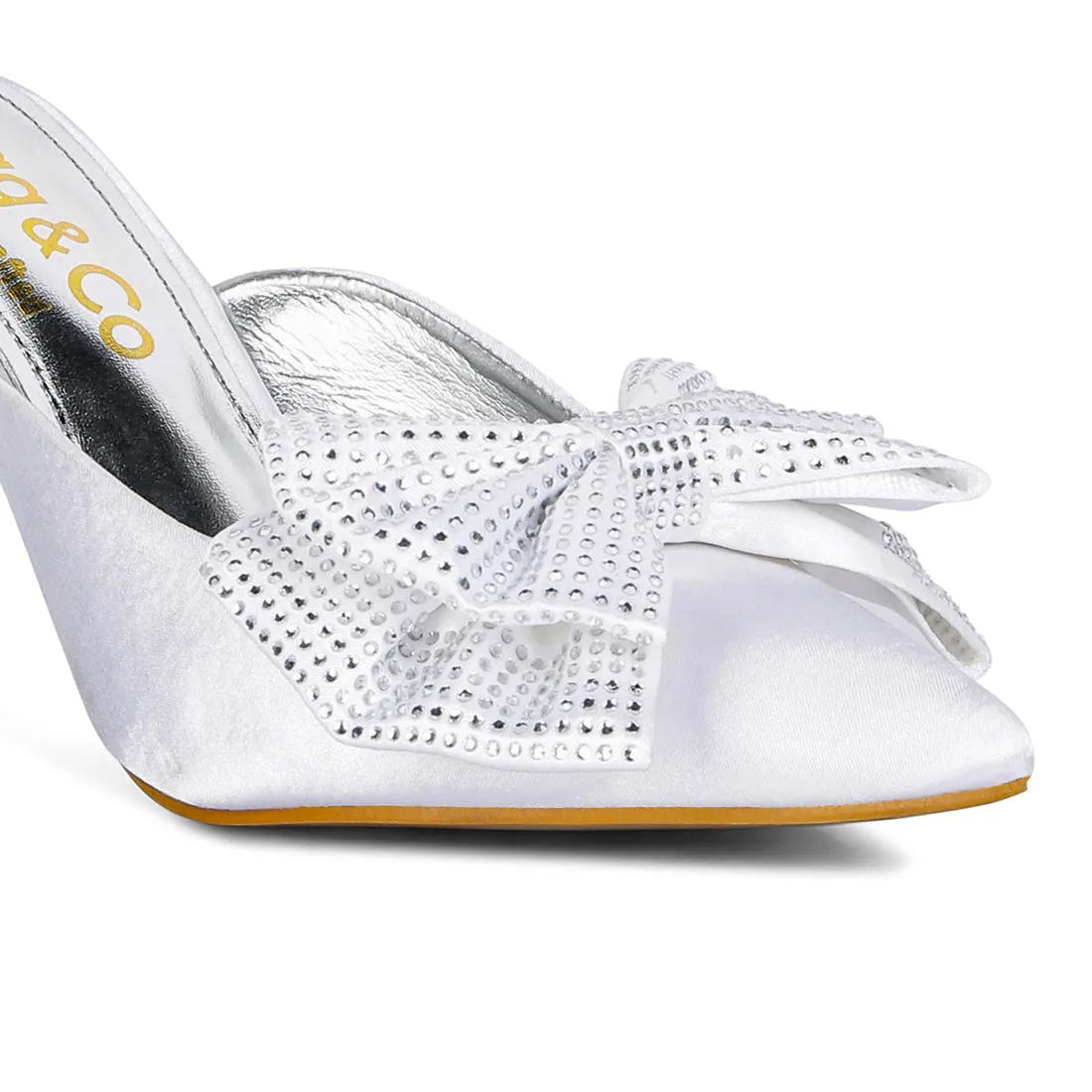 White Diamante Bow Heeled Mules