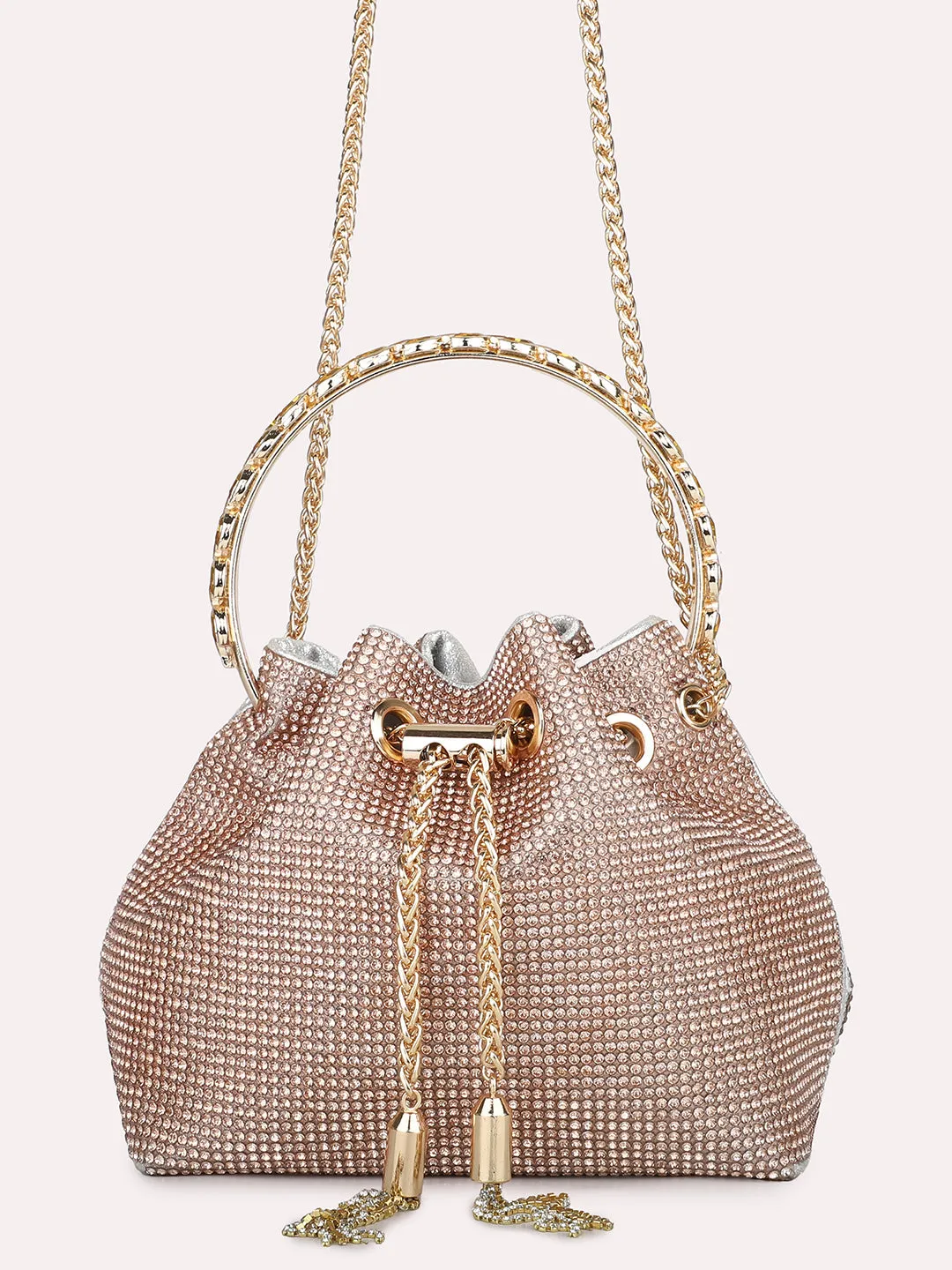Women Rose Gold Embellished Wrist Loop Potli with Sling