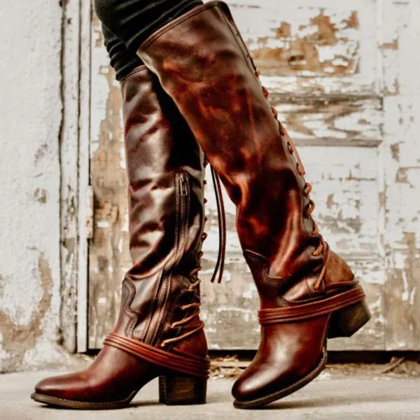 Women'S Vintage Round Toe Side Zip Block Heel Rider Boots 40681394