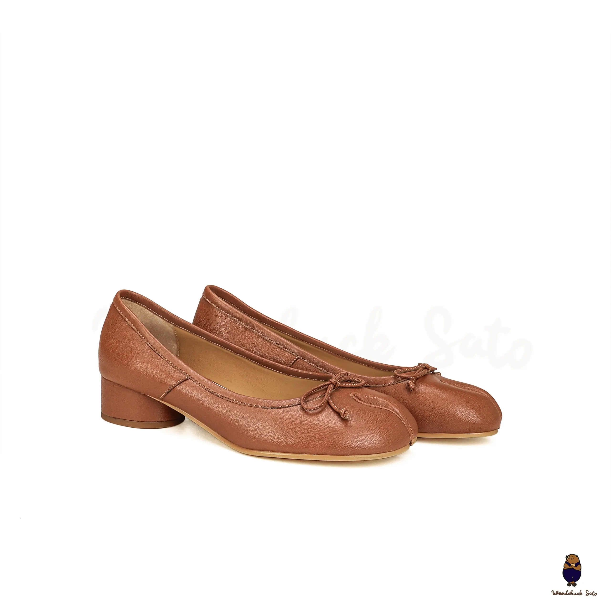 WoodChuckSato Women's Caramel Brown Tabi Split-Toe Sheep Leather Mary Jane Shoes with 3cm Heel & Bow Sizes EU 35-45
