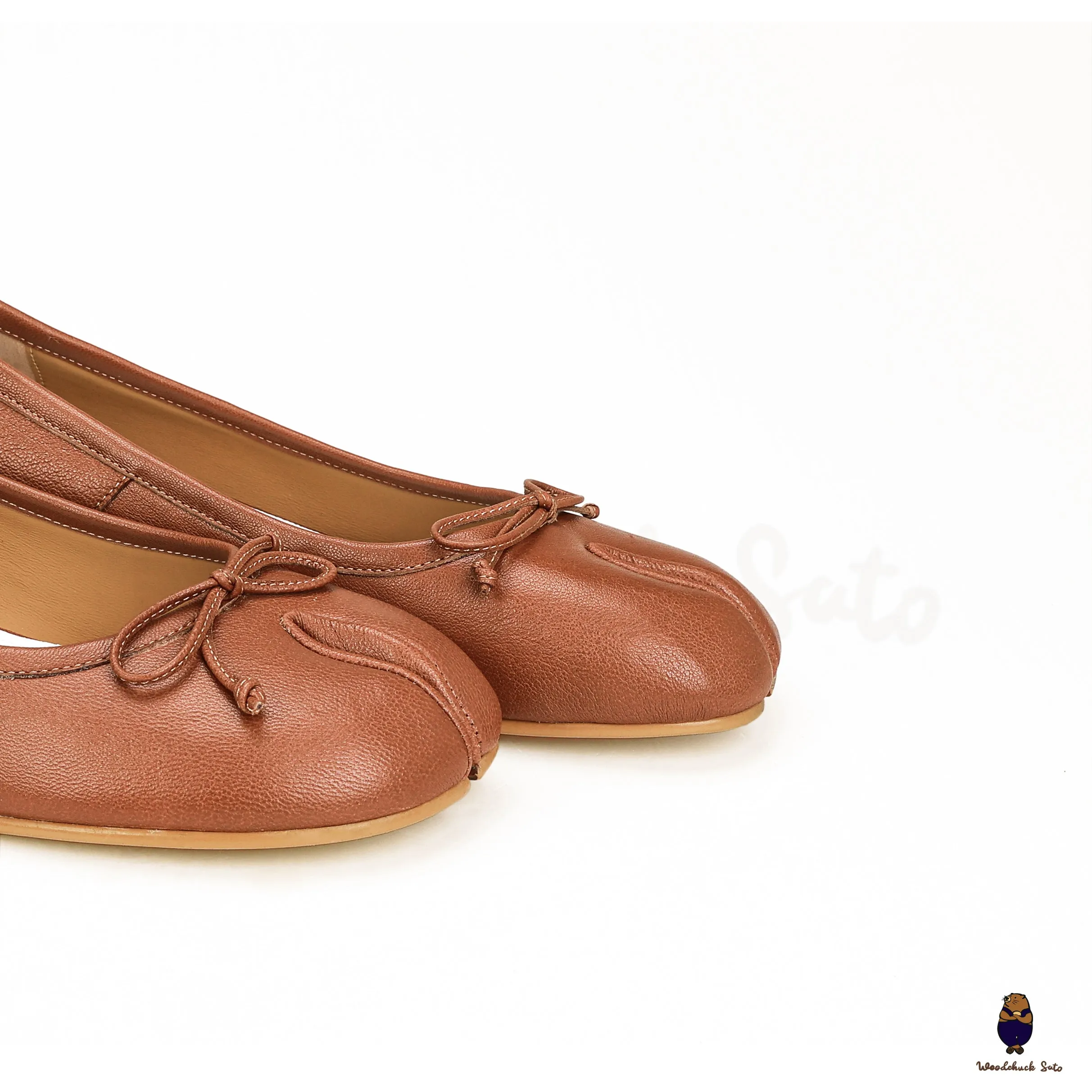 WoodChuckSato Women's Caramel Brown Tabi Split-Toe Sheep Leather Mary Jane Shoes with 3cm Heel & Bow Sizes EU 35-45