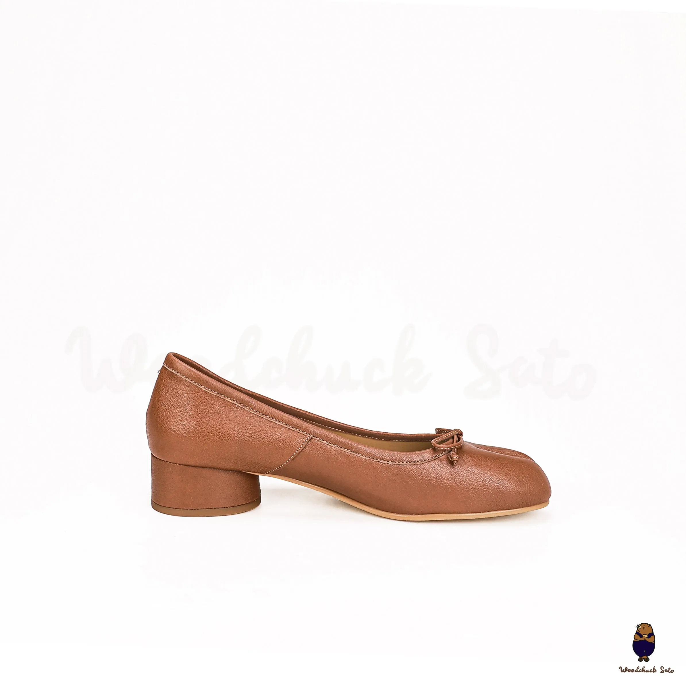 WoodChuckSato Women's Caramel Brown Tabi Split-Toe Sheep Leather Mary Jane Shoes with 3cm Heel & Bow Sizes EU 35-45