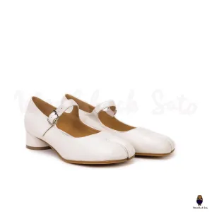 WoodChuckSato Women's Men's White Tabi Split-Toe Sheep Leather Mary Jane Shoes with 3cm Heel & Adjustable Strap Sizes EU 35-41