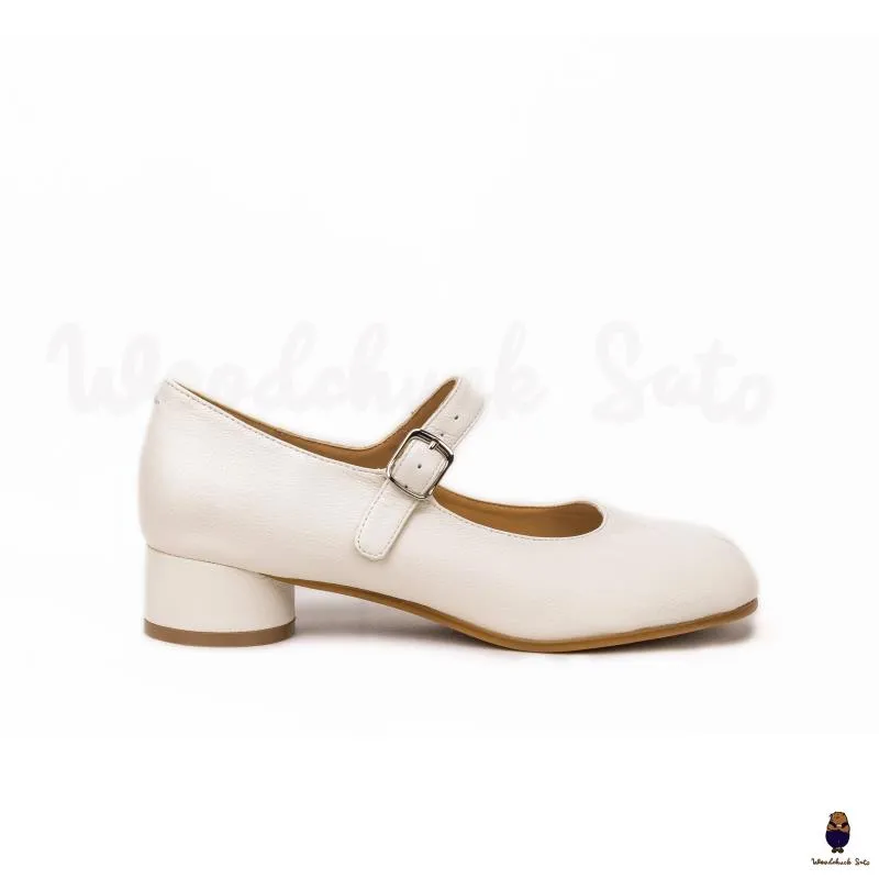 WoodChuckSato Women's Men's White Tabi Split-Toe Sheep Leather Mary Jane Shoes with 3cm Heel & Adjustable Strap Sizes EU 35-41