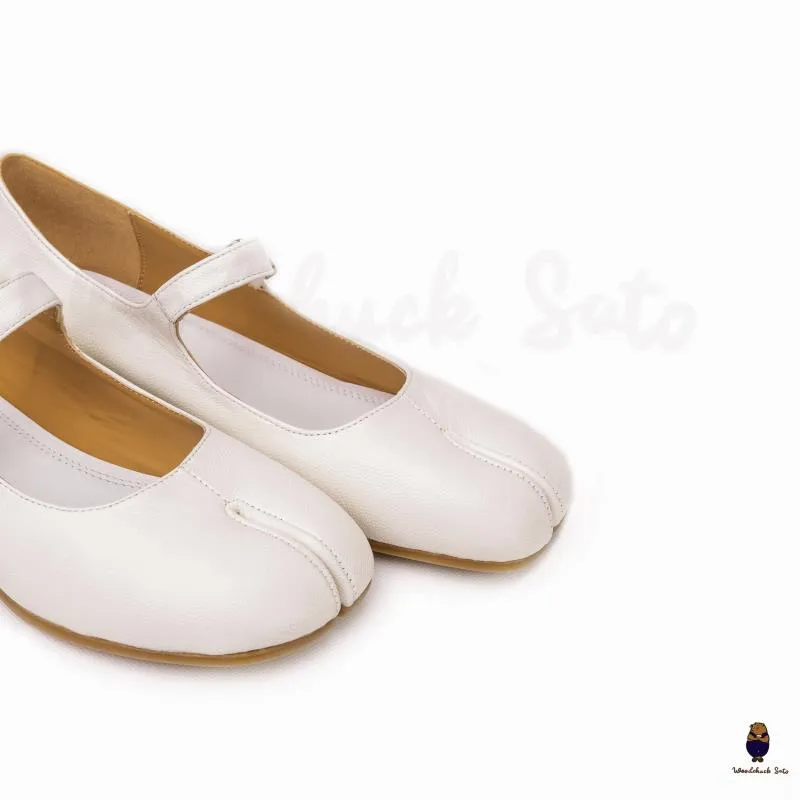 WoodChuckSato Women's Men's White Tabi Split-Toe Sheep Leather Mary Jane Shoes with 3cm Heel & Adjustable Strap Sizes EU 35-41